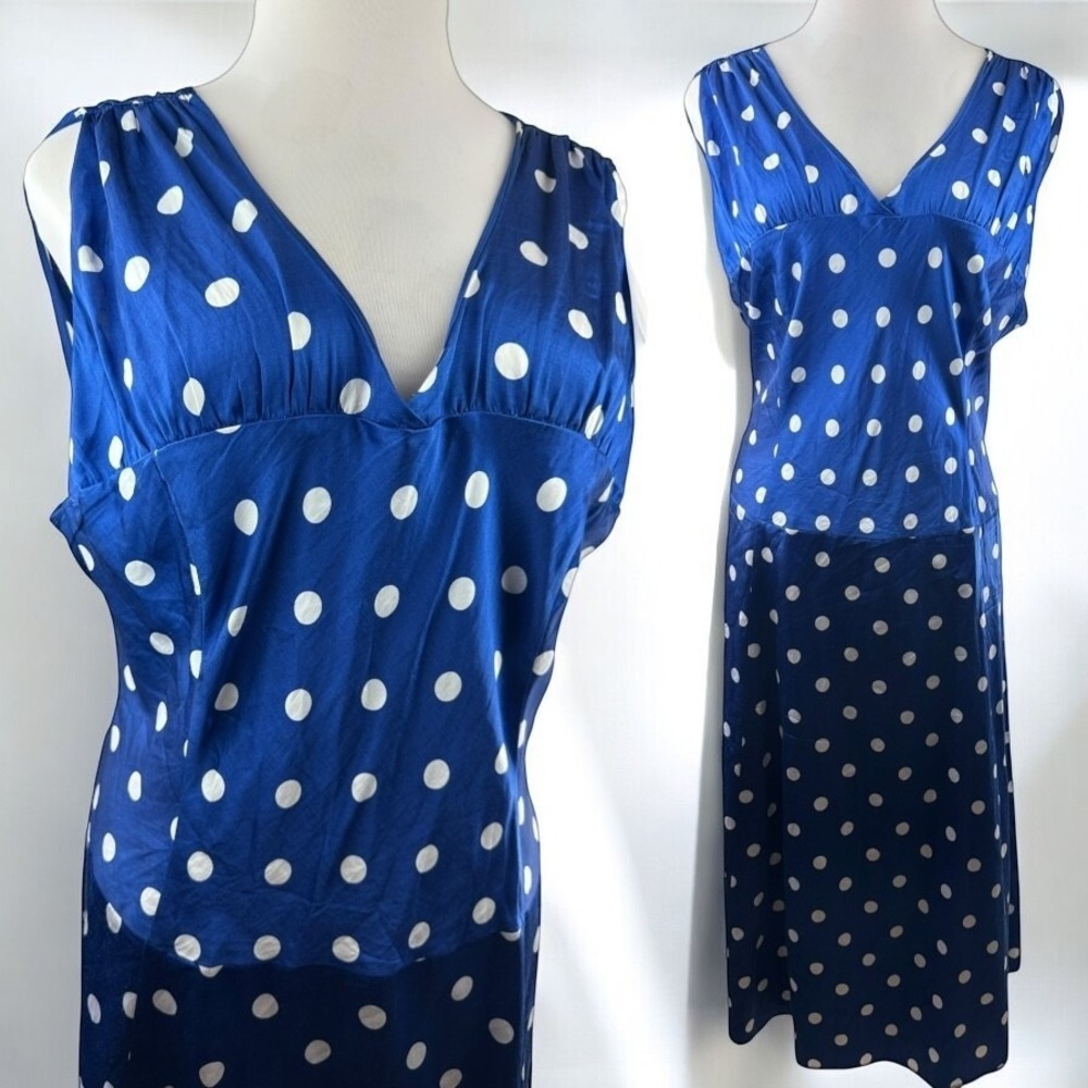 Pendleton Silk Blend Drop Waist V-Neck Dress Polka Dot Blue White Size 20 Tall - Picture 2 of 16